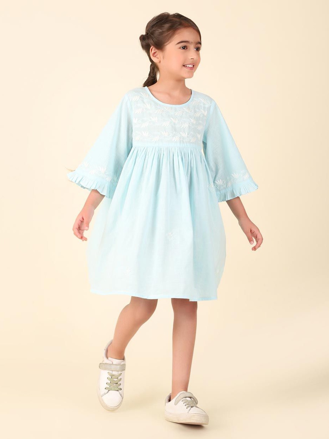 

Fabindia Girls Floral Flared Sleeve A-Line Dress, Blue