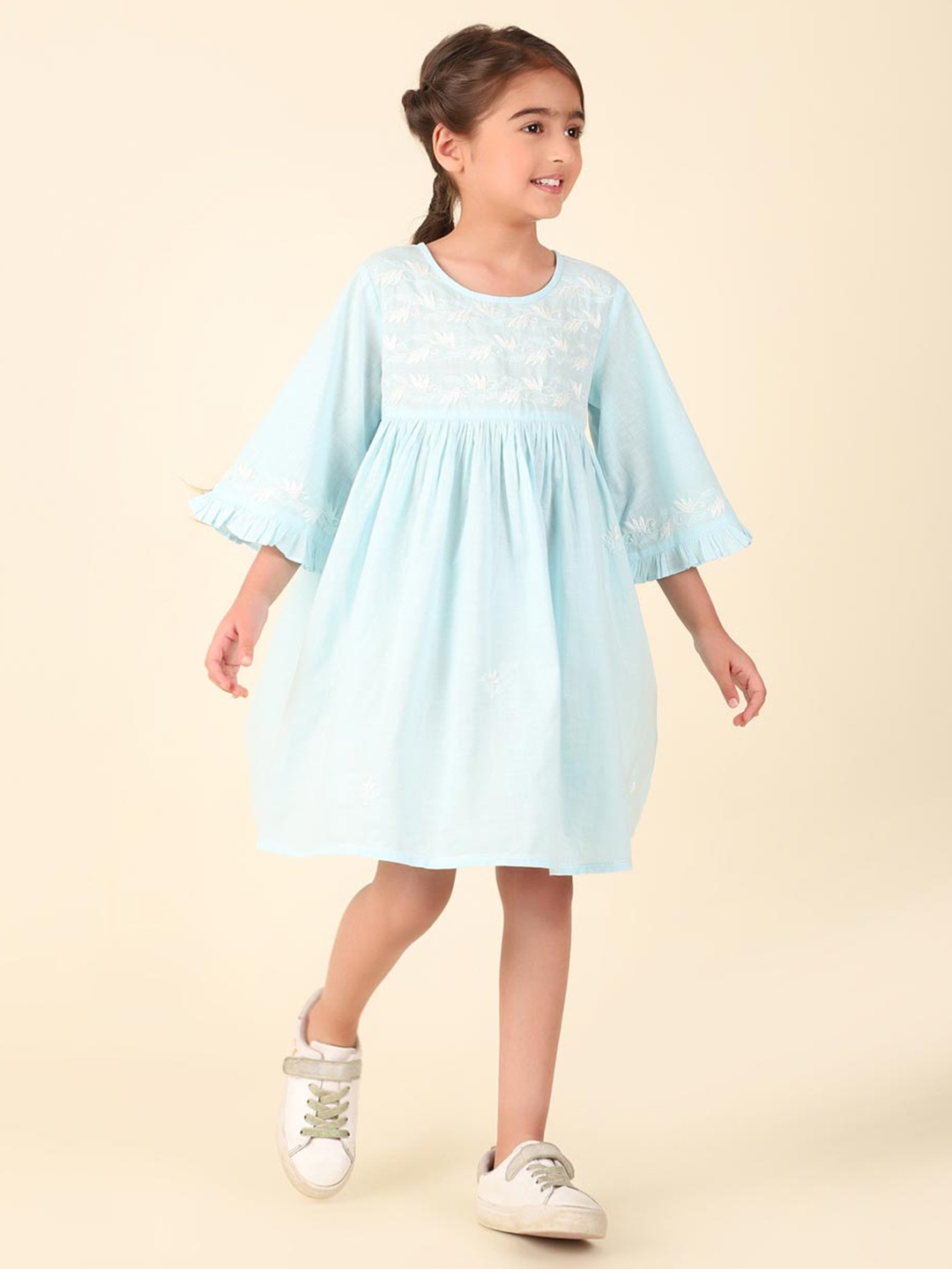 

Fabindia Girls Bell Sleeves Fit & Flare Dress, Blue