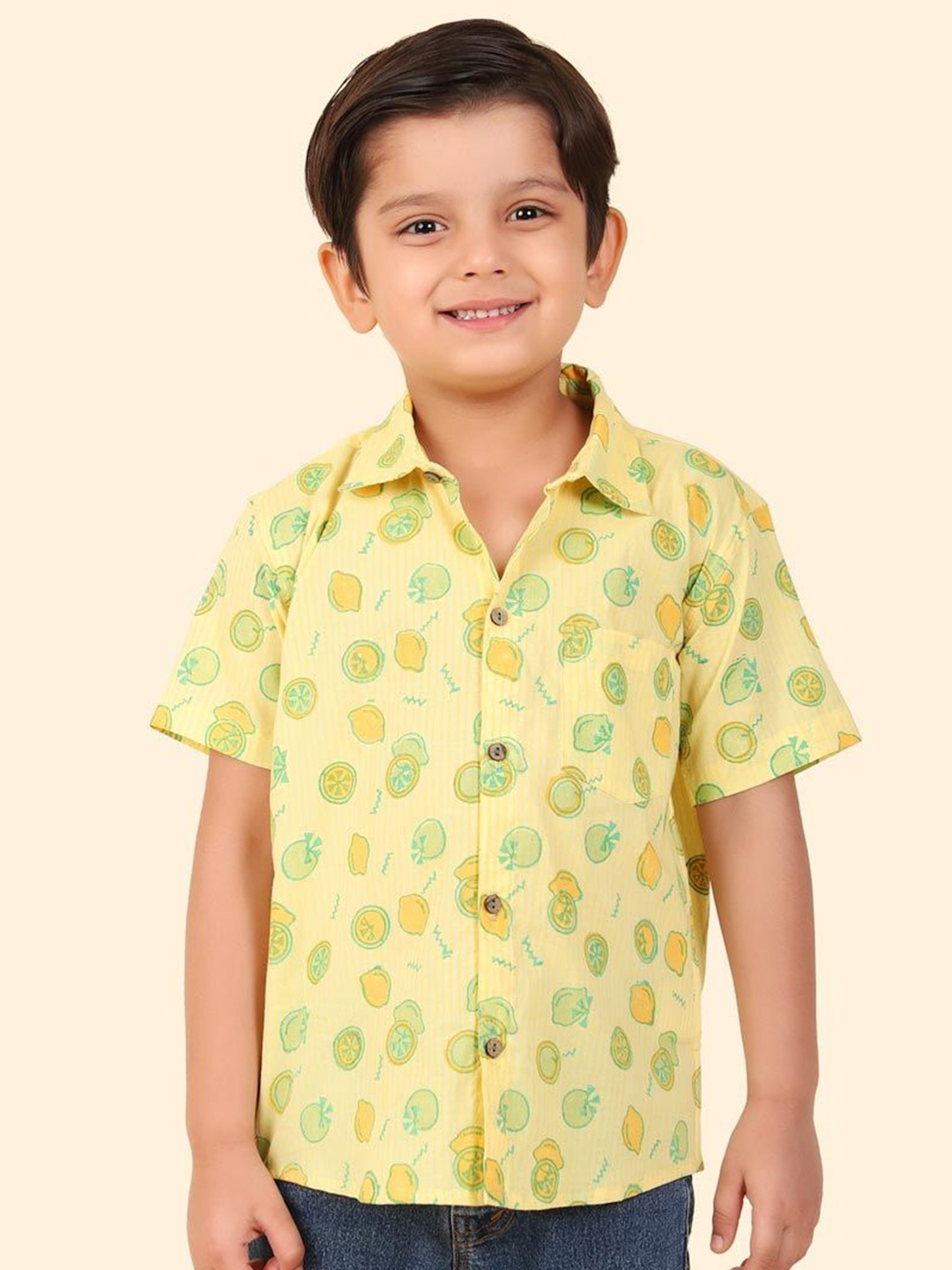 

Fabindia Boys Conversational Printed Spread Collar Casual Shirt, Yellow