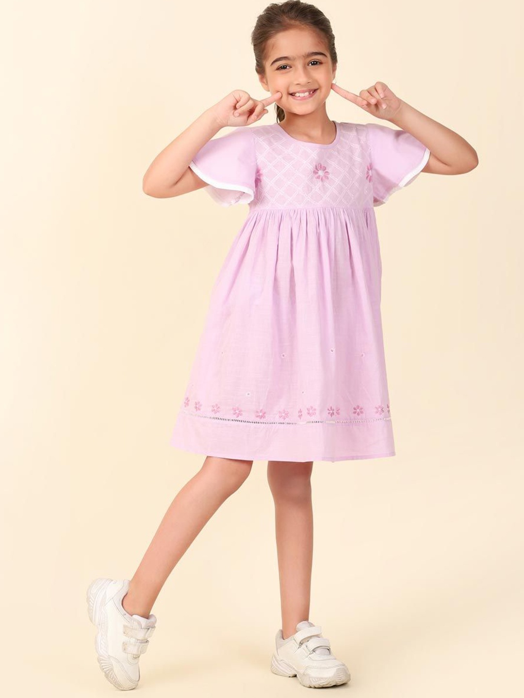 

Fabindia Checked Bell Sleeves Empire Dress, Lavender
