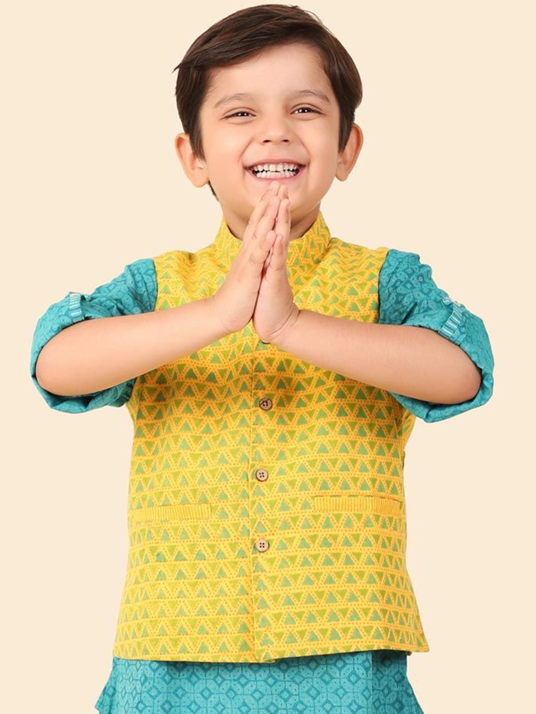 

Fabindia Boys Hand Block Printed Woven Nehru Jacket, Yellow