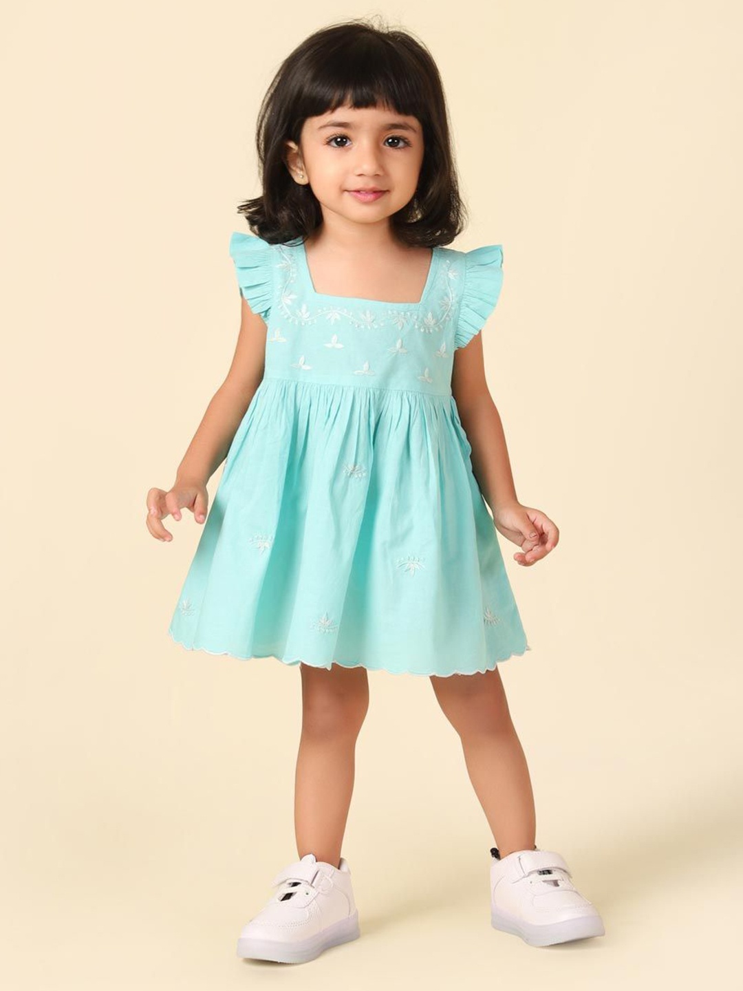 

Fabindia Floral Flutter Sleeve Fit & Flare Dress, Blue