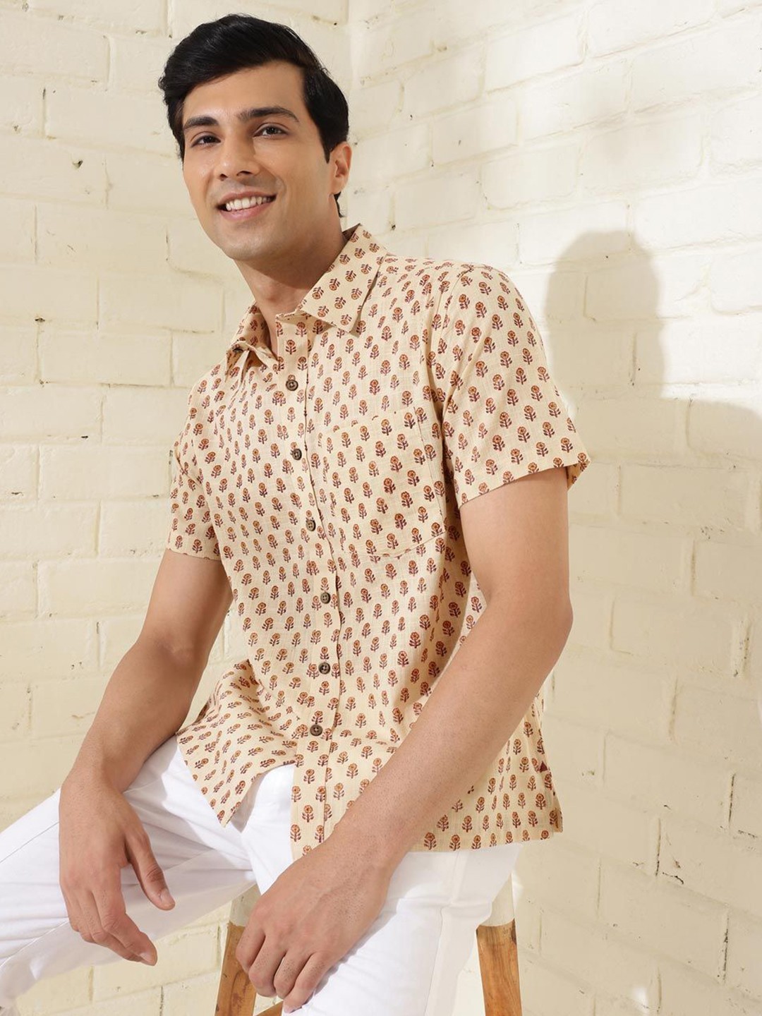 

Fabindia Men Floral Printed Spread Collar Casual Shirt, Beige