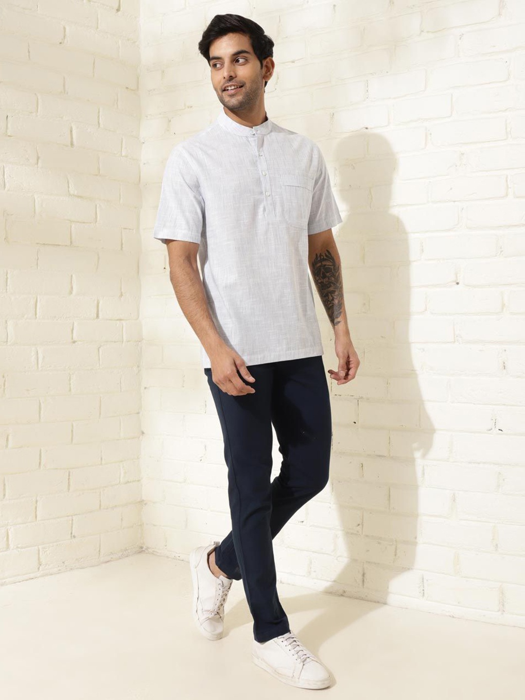 

Fabindia Men Solid Mandarin Collar Casual Shirt, Off white