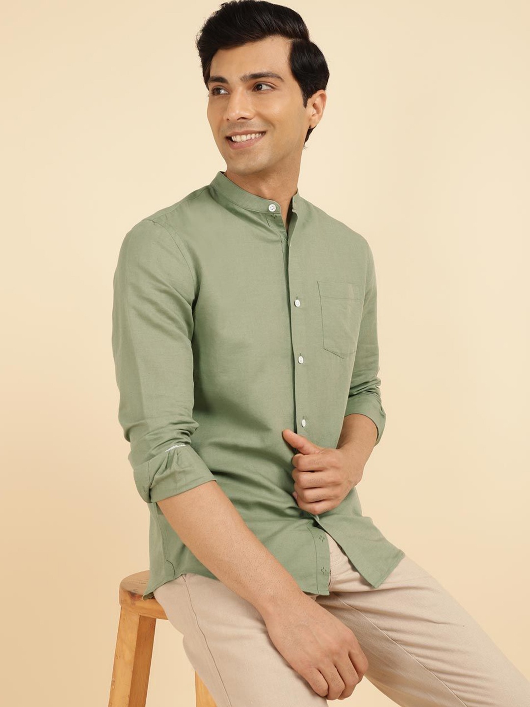 

Fabindia Men Solid Slim Fit Mandarin Collar Casual Shirt, Olive