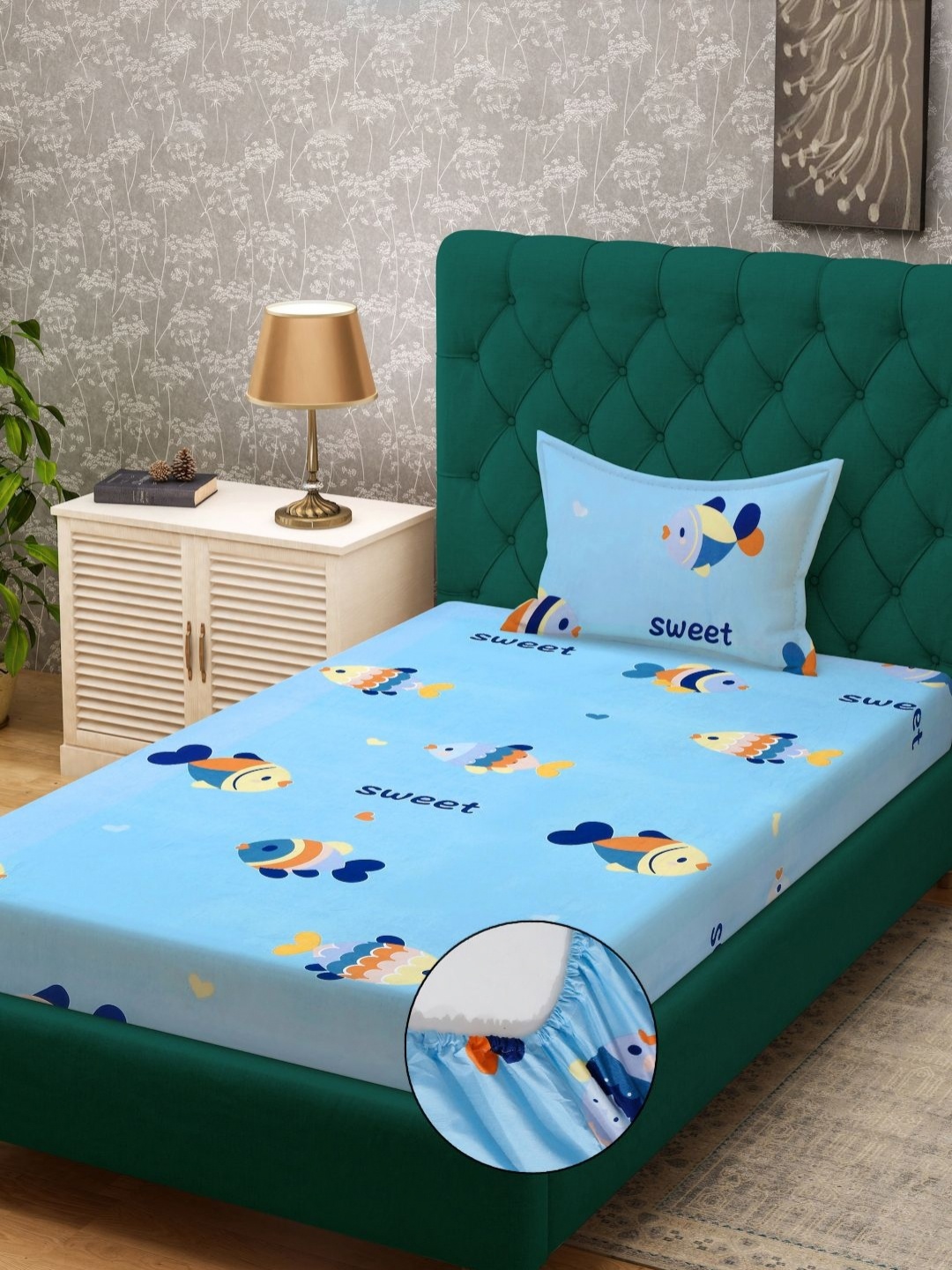 

KLOTTHE Blue Cartoon Character Printed 300TC Single Fitted Bedsheet & Pillow Cover