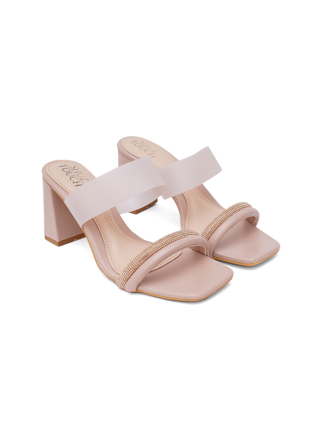 

SHUZ TOUCH Embellished Open Toe Block Heels, Peach