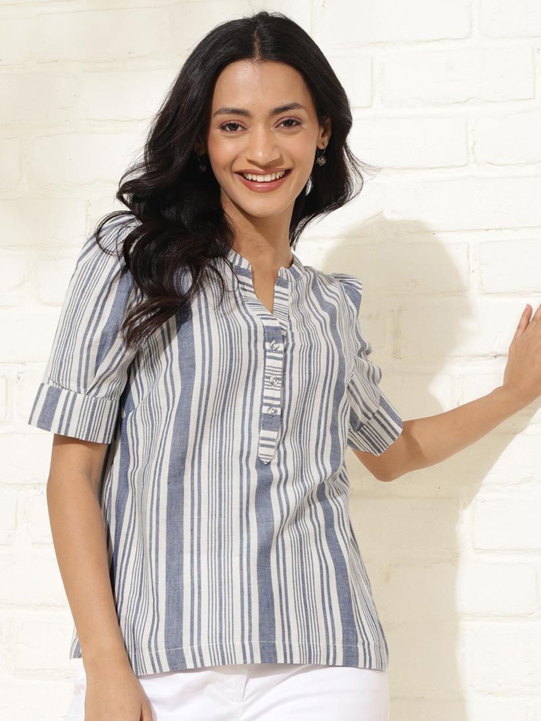 

Fabindia Striped Round Neck Puff Sleeves Cotton Top, White