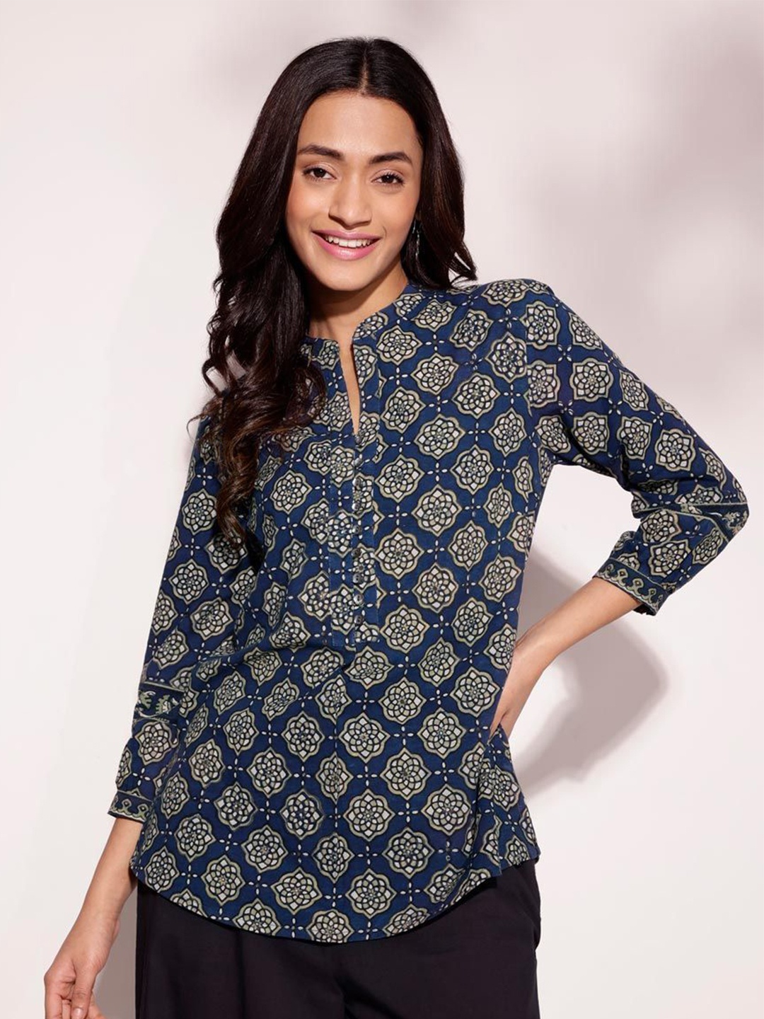 

Fabindia Mandarin Collar Printed Tunic, Blue