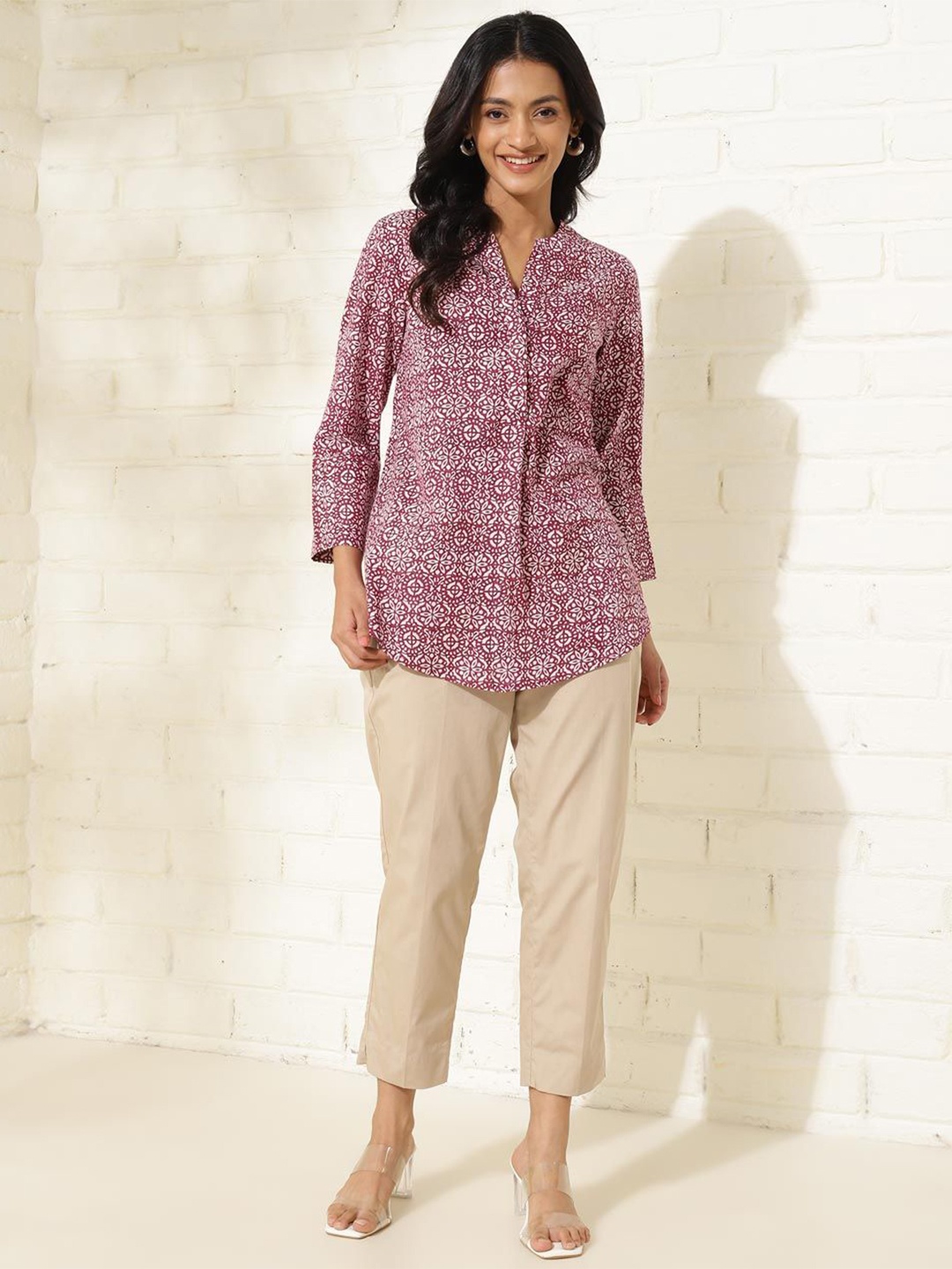 

Fabindia Mandarin Collar Printed Tunic, Pink