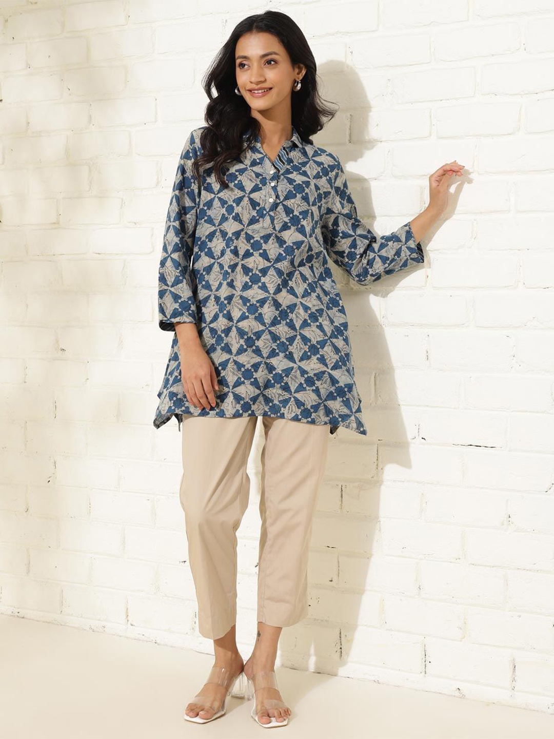 

Fabindia Mandarin Collar Printed Tunic, Blue