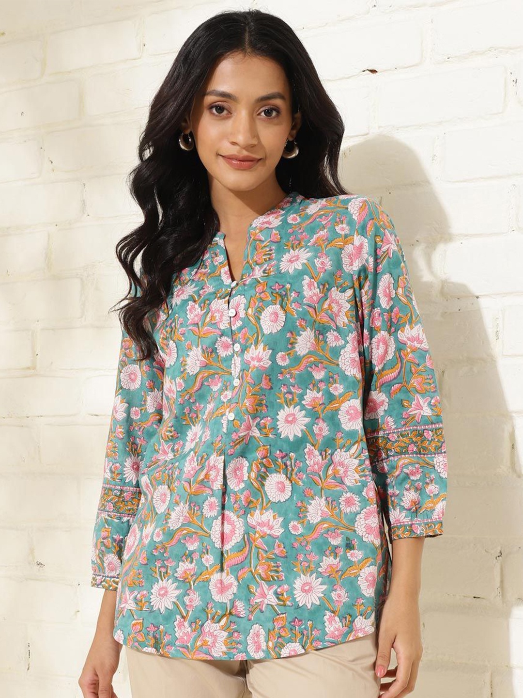 

Fabindia Mandarin Collar Printed Tunic, Blue