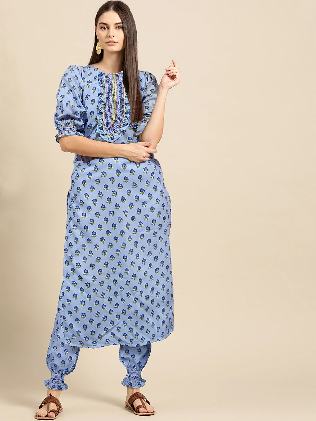 

Fashion Petals Round Neck Ethnic Motifs Printed Thread Work Straight Kurta, Blue