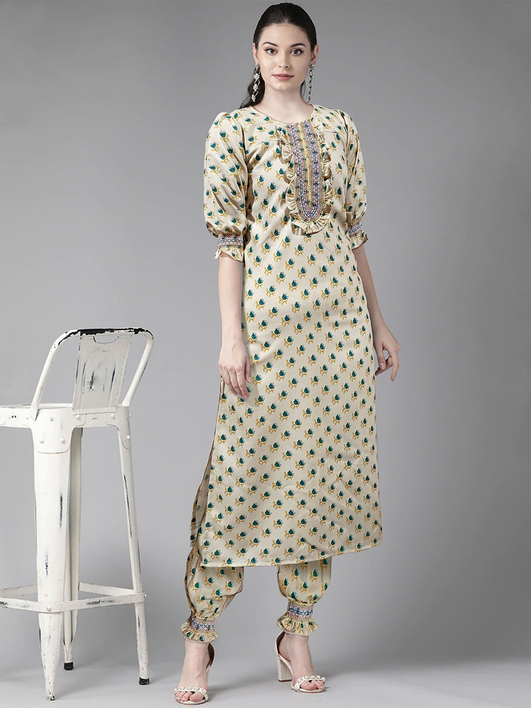 

Fashion Petals Floral Printed Smoking Work Straight Kurta, Khaki