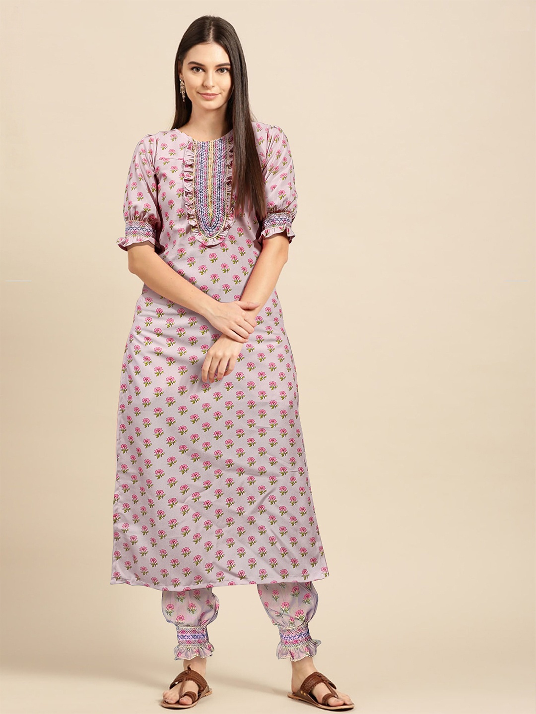 

Fashion Petals Floral Printed Thread Work Straight Kurta, Pink