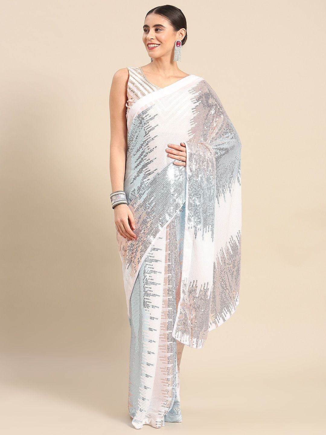 

KALINI Embellished Sequinned Pure Georgette Saree, Turquoise blue