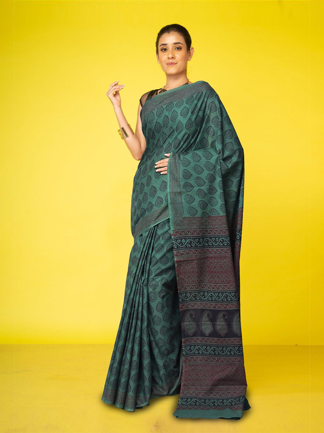 

Unnati Silks Bagh print Handloom Saree With Pure cotton Blouse, Green