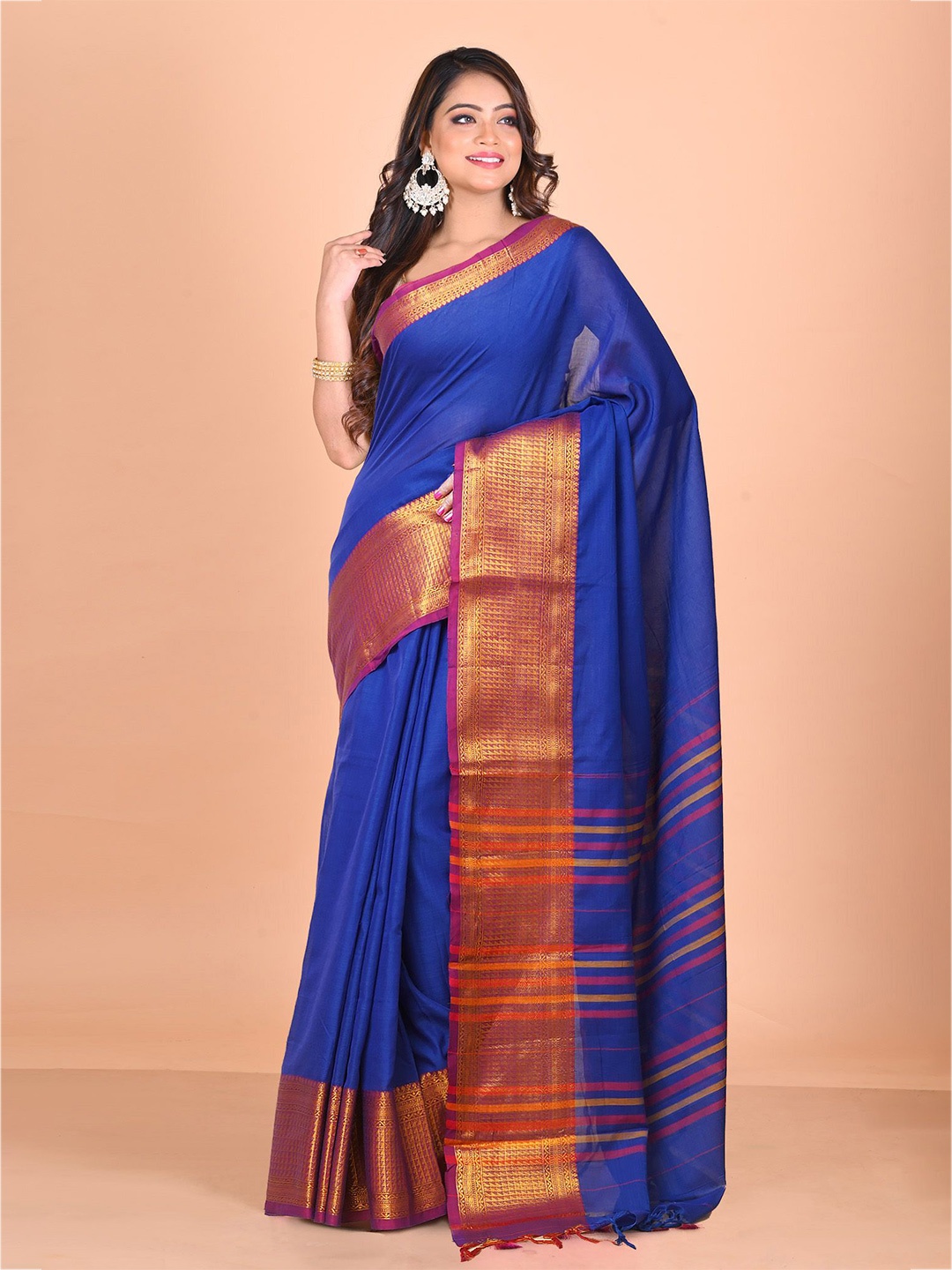 

Unnati Silks Zari Woven Border Narayan Peth Handloom Saree, Blue
