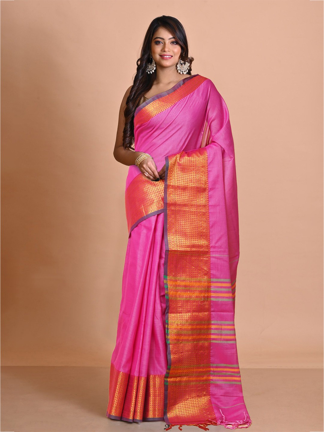 

Unnati Silks Zari Woven Border Narayan Peth Handloom Saree, Pink