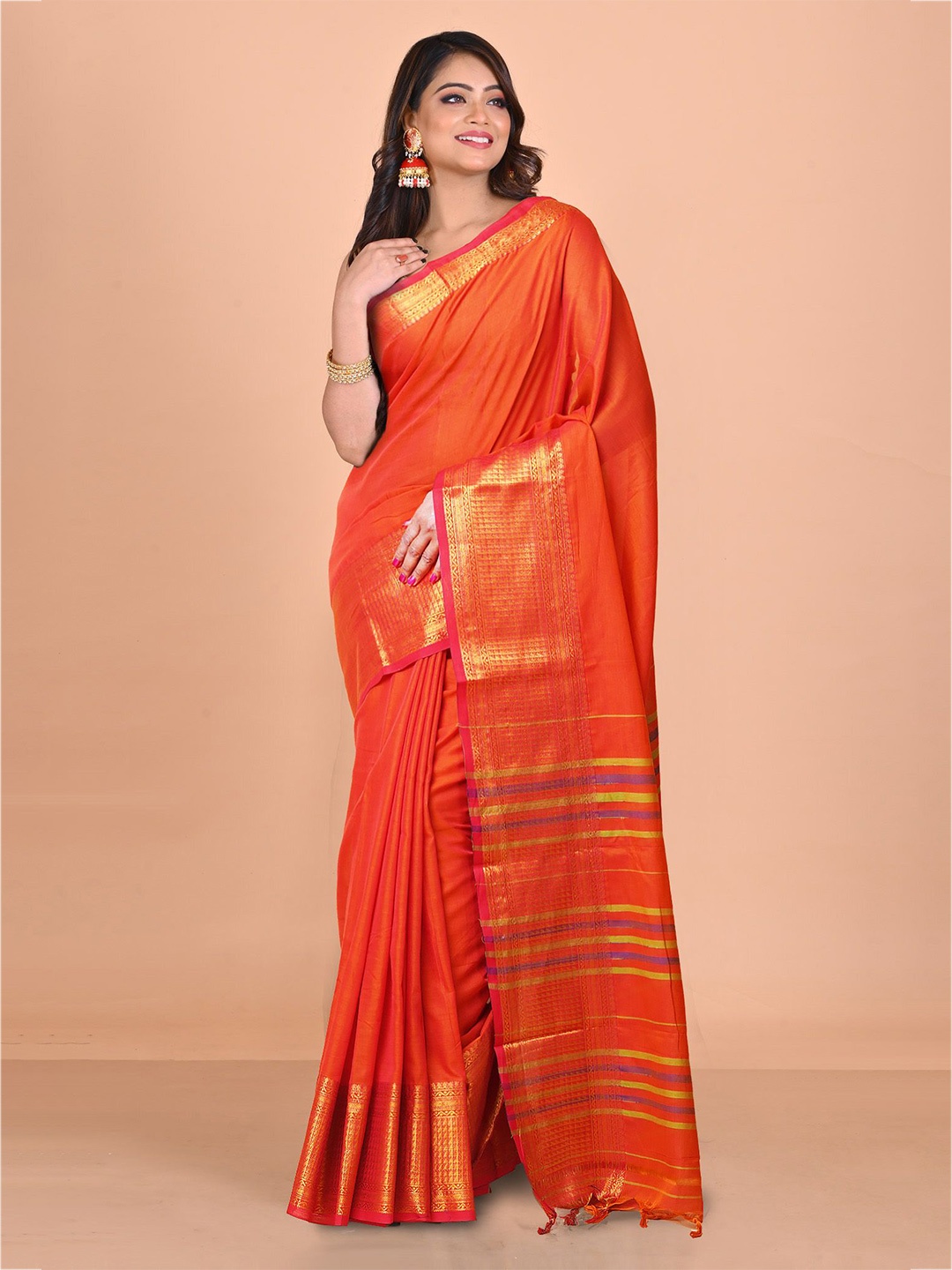 

Unnati Silks Zari Handloom Narayan Peth Saree, Orange