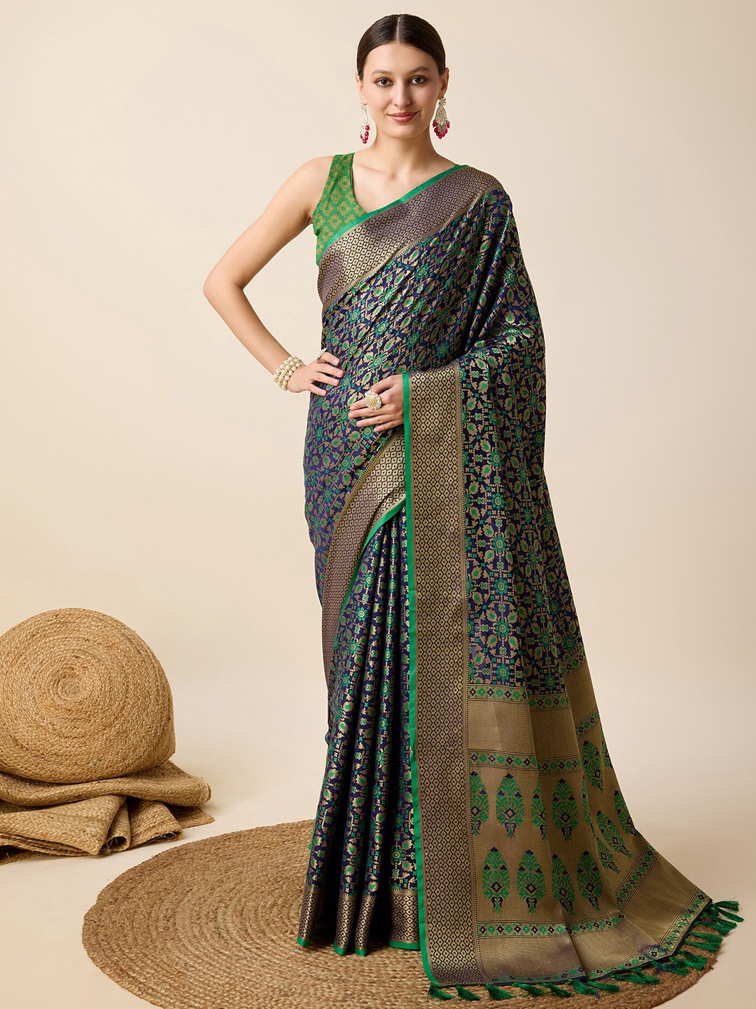 

HEER FASHION Ethnic Motifs Zari Patola Saree, Navy blue