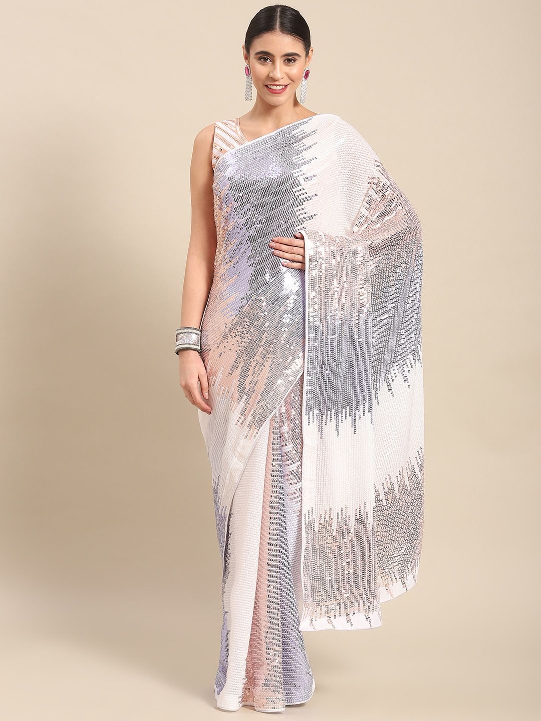 

CANIZZARO Embellished Sequinned Pure Georgette Saree, White