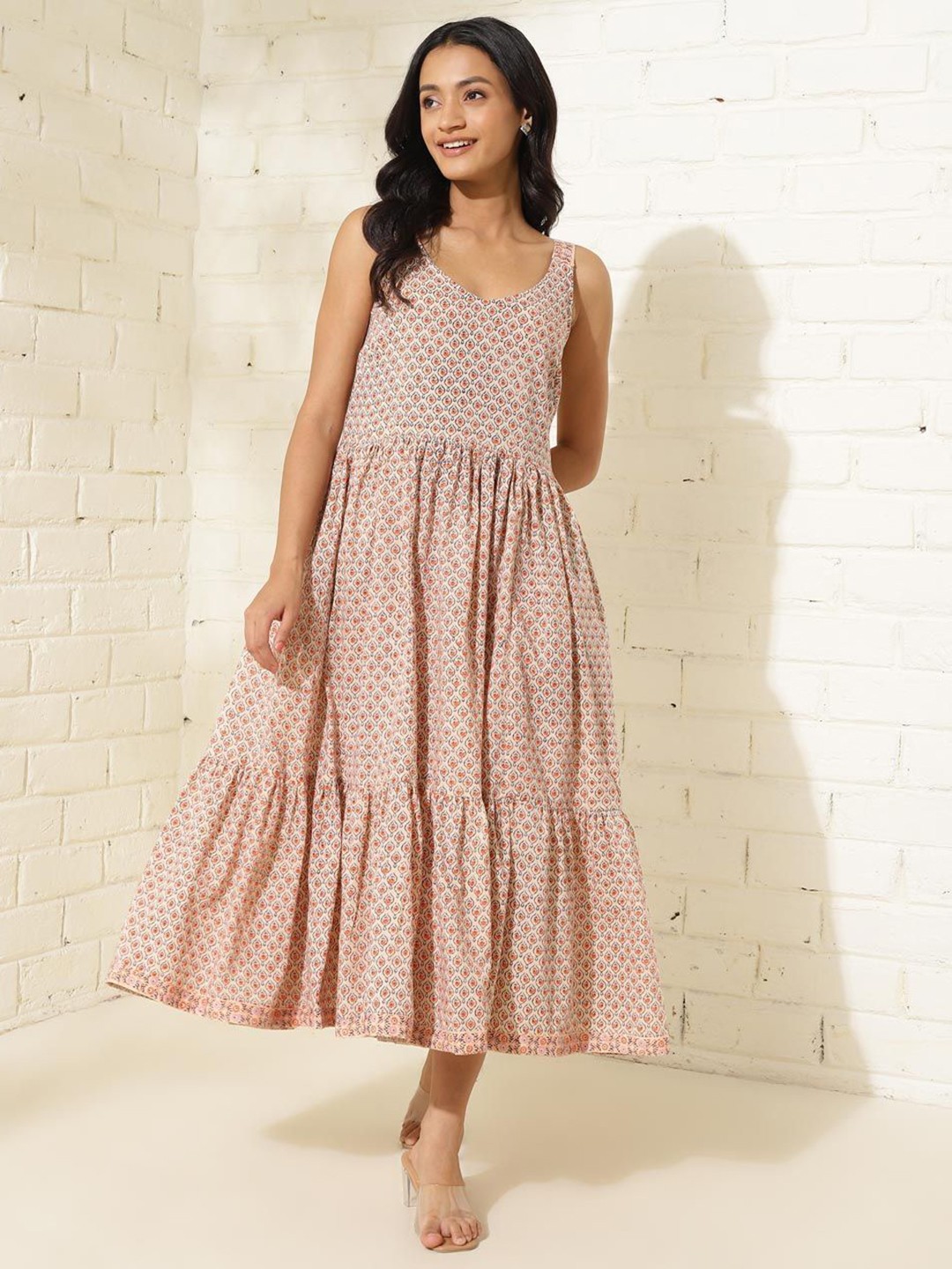 

Fabindia Print Sleeveless Cotton A-Line Midi Dress, Beige