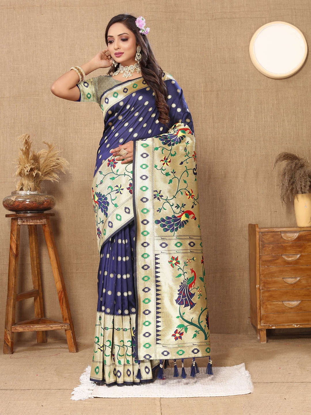 

Upalksh Ethnic Motifs Zari Pure Silk Paithani Saree, Navy blue