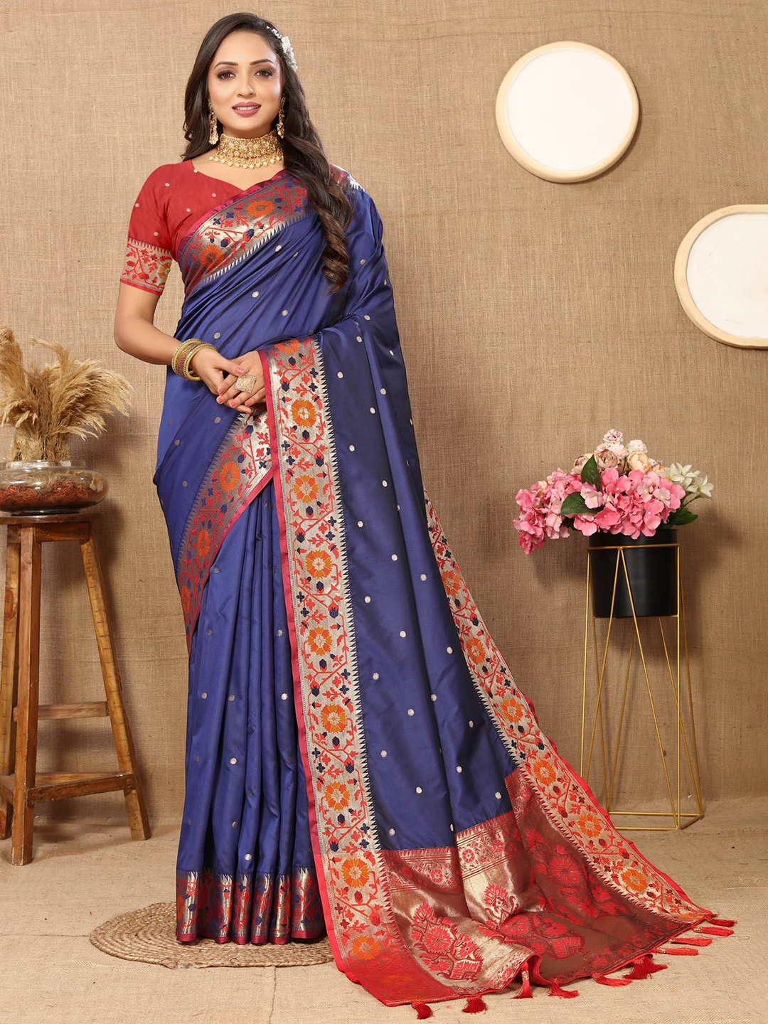 

Upalksh Woven Design Zari Pure Silk Paithani Saree, Navy blue