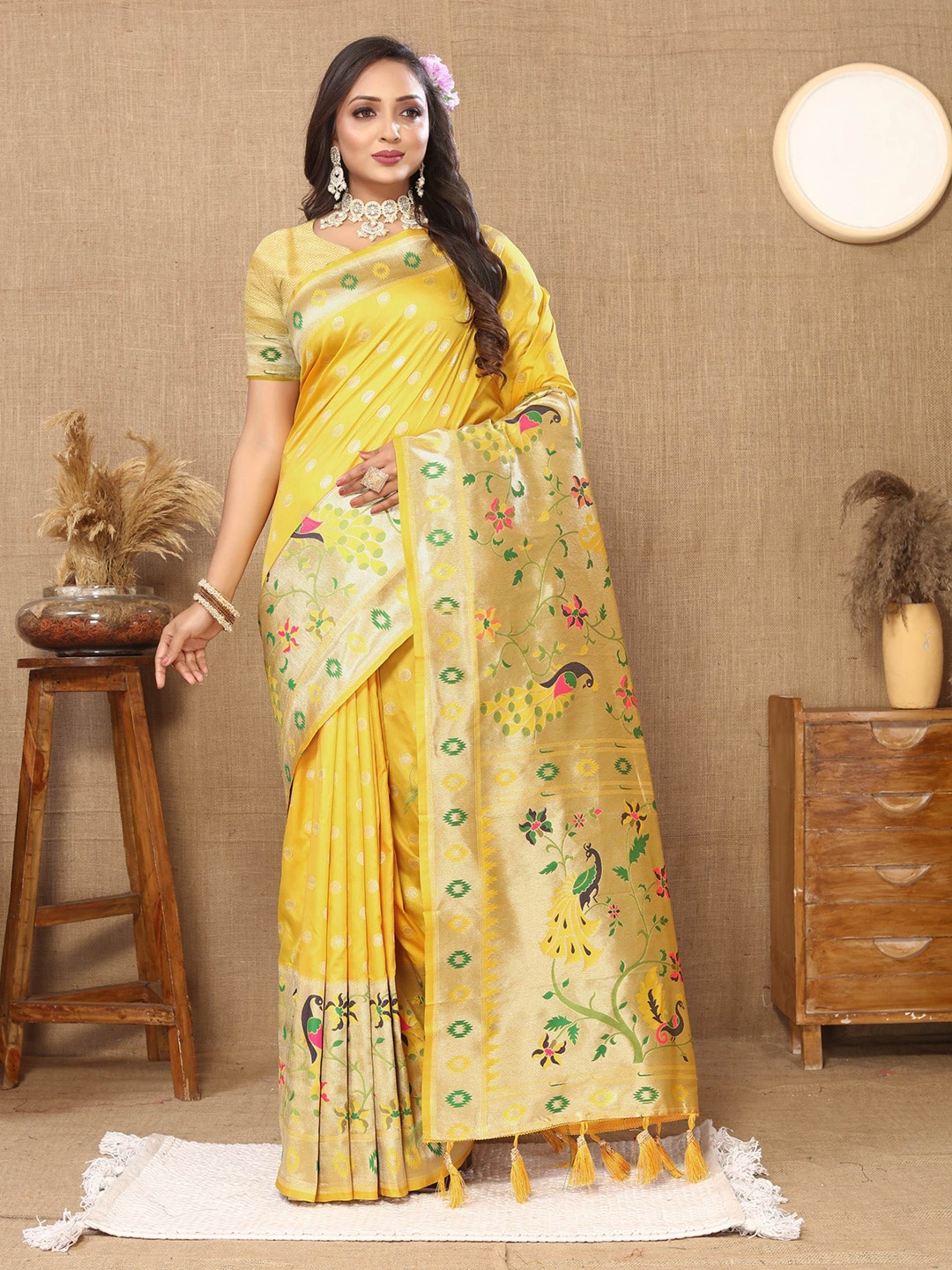 

Upalksh Woven Design Zari Pure Silk Paithani Saree, Yellow