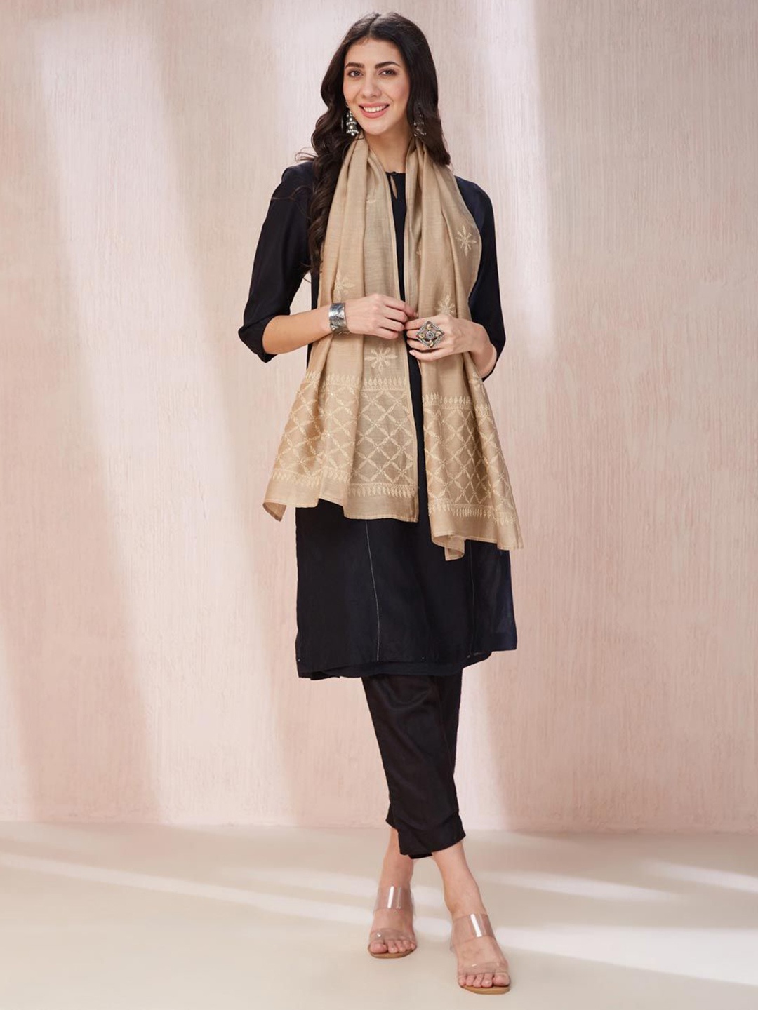 

Fabindia Women Embroidered Stole, Beige