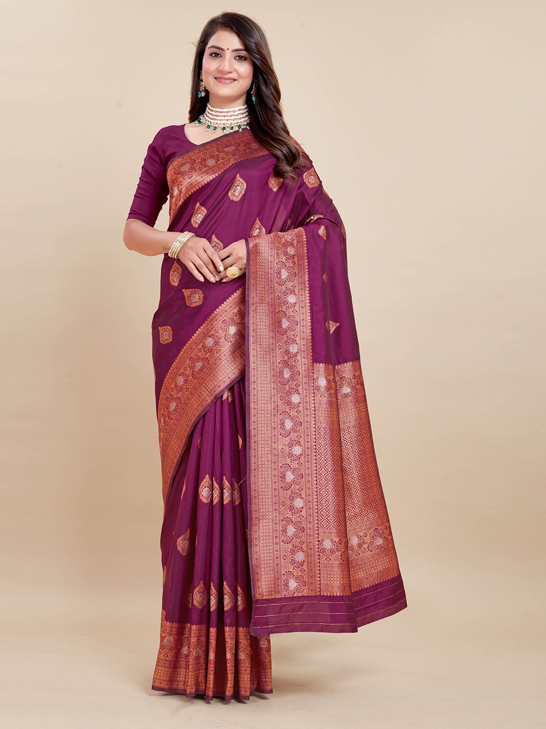 

Rujave Woven Design Zari Pure Silk Kanjeevaram Saree, Purple