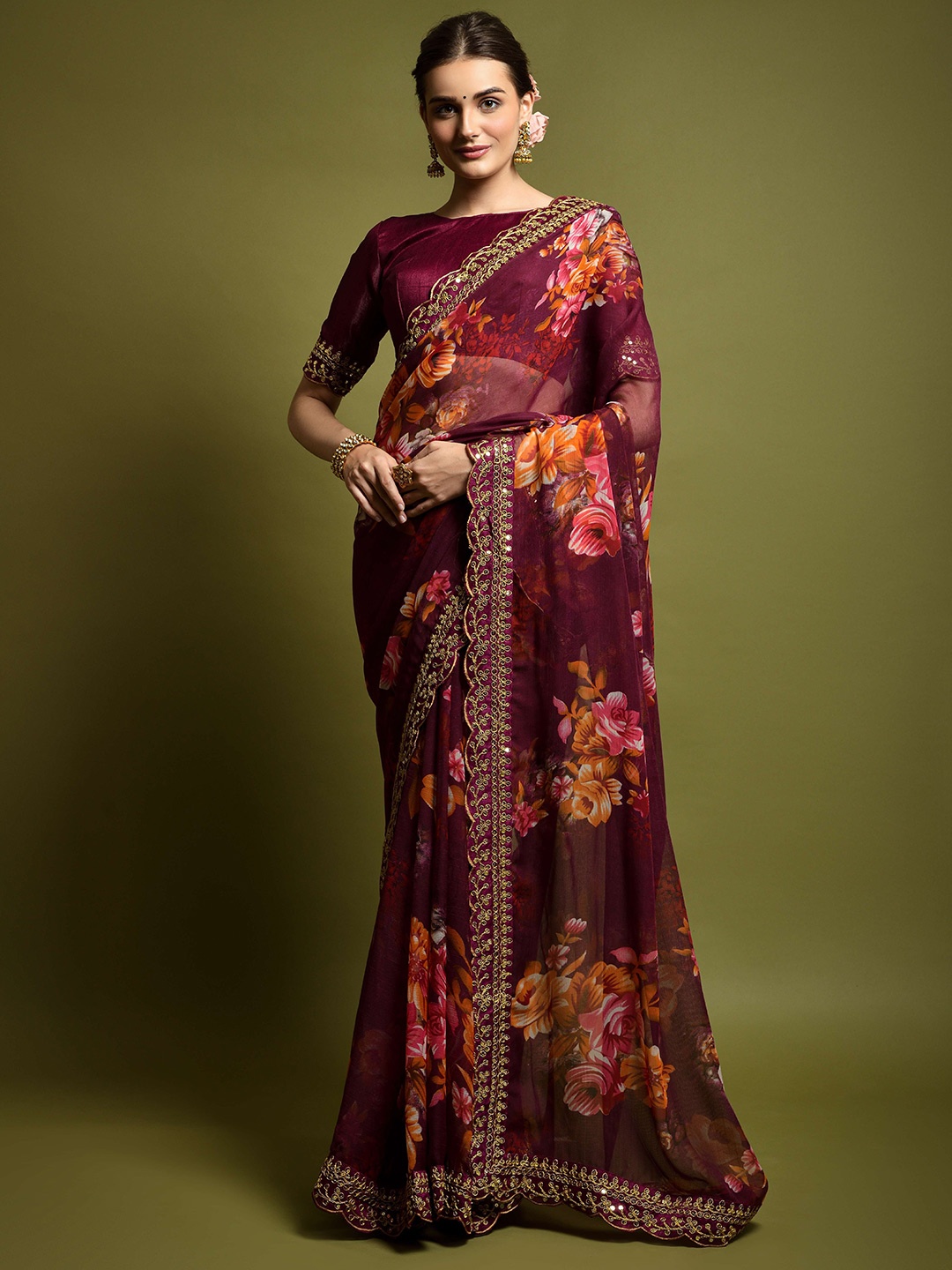 

KALINI Floral Sequinned Pure Georgette Saree, Burgundy