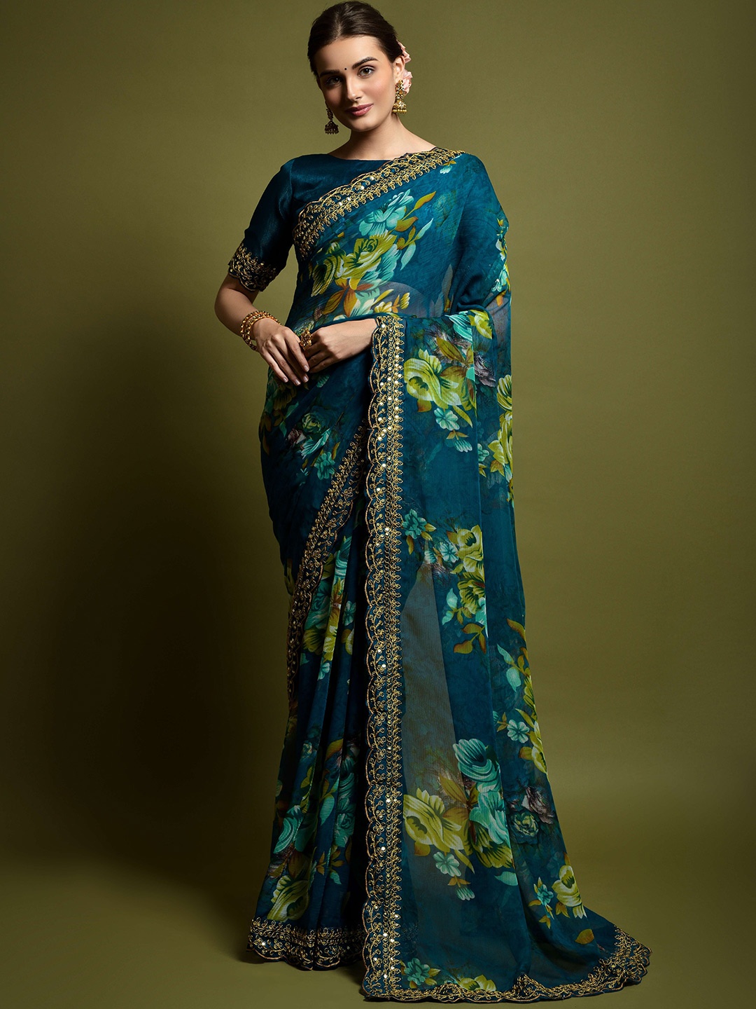 

KALINI Floral Sequinned Pure Georgette Saree, Teal