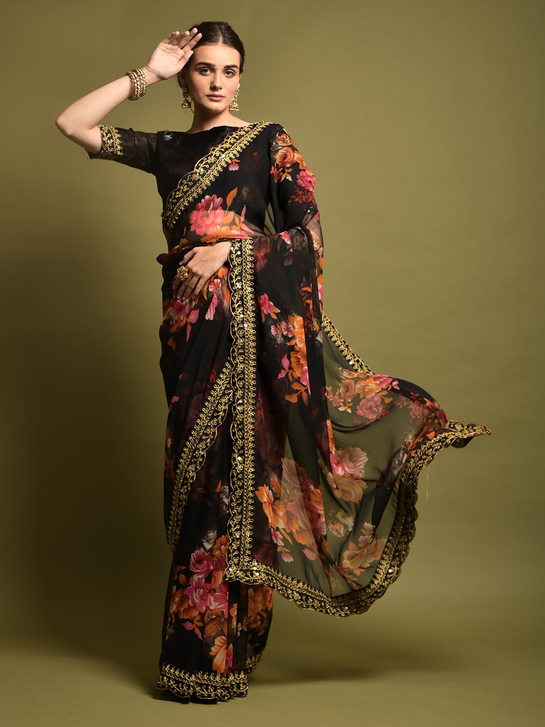 

KALINI Floral Sequinned Pure Georgette Saree, Black