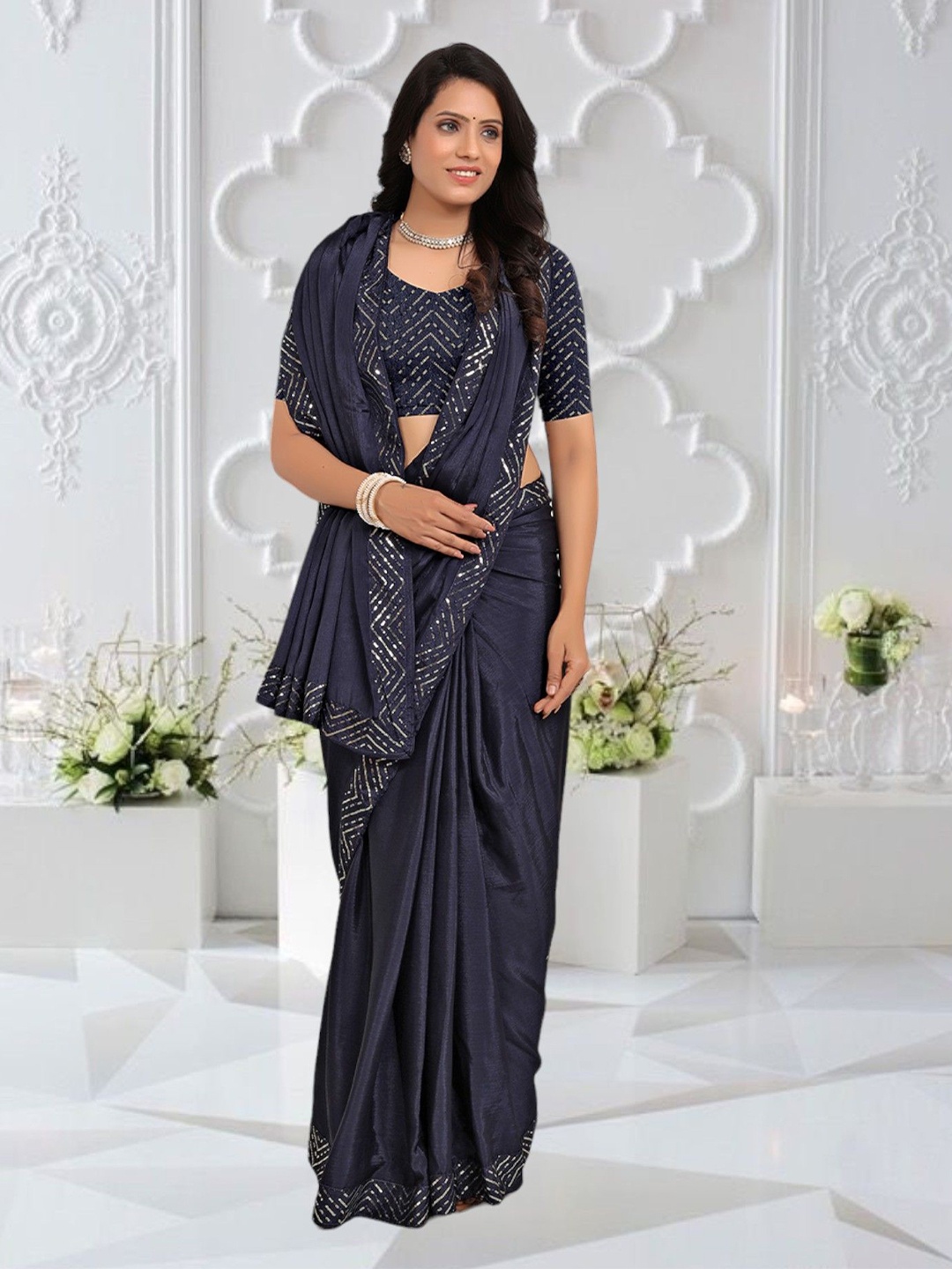 

Pionex Sequinned Pure Chiffon Ready to Wear Saree, Navy blue