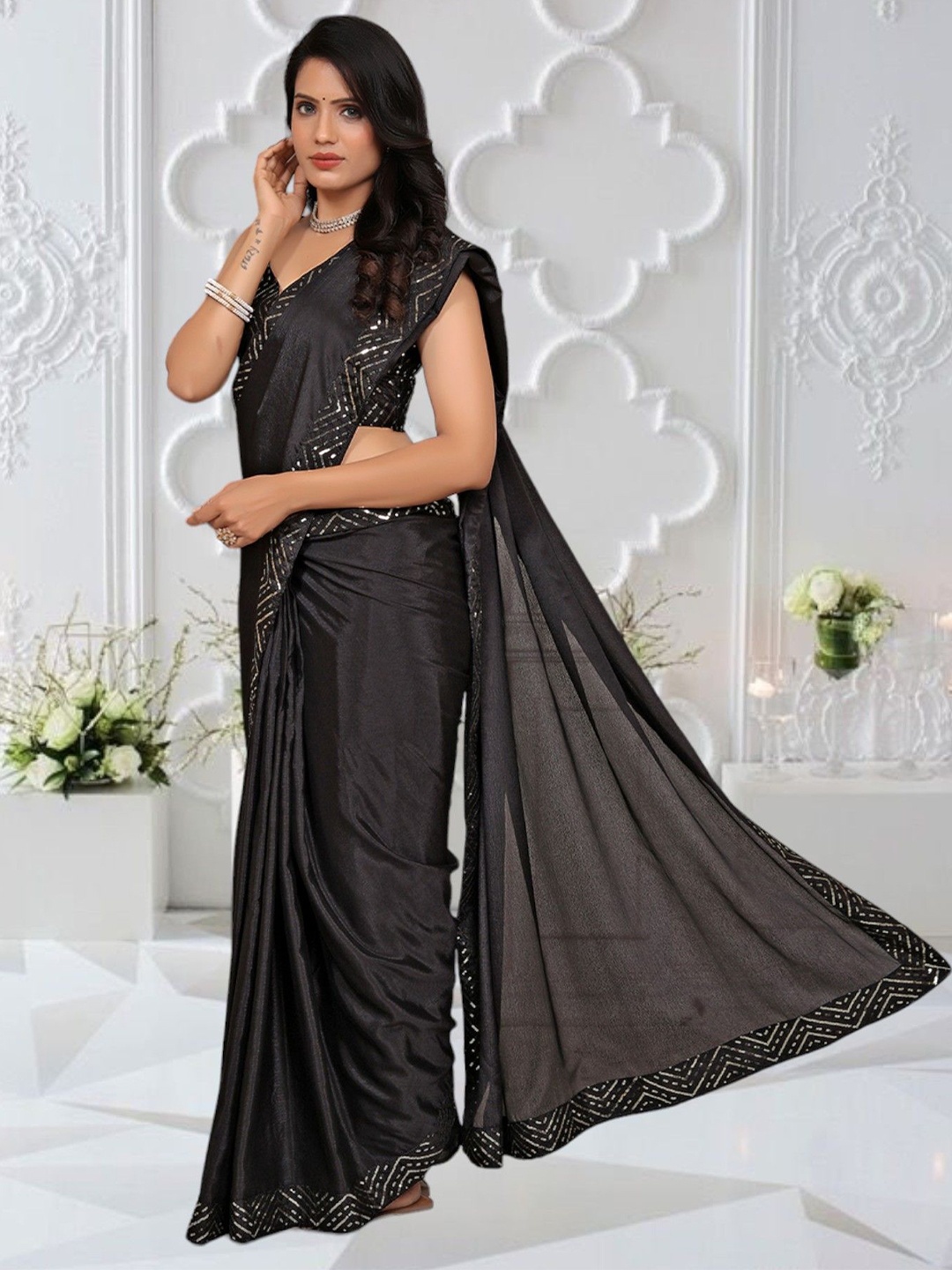 

Pionex Sequinned Pure Chiffon Ready to Wear Saree, Black