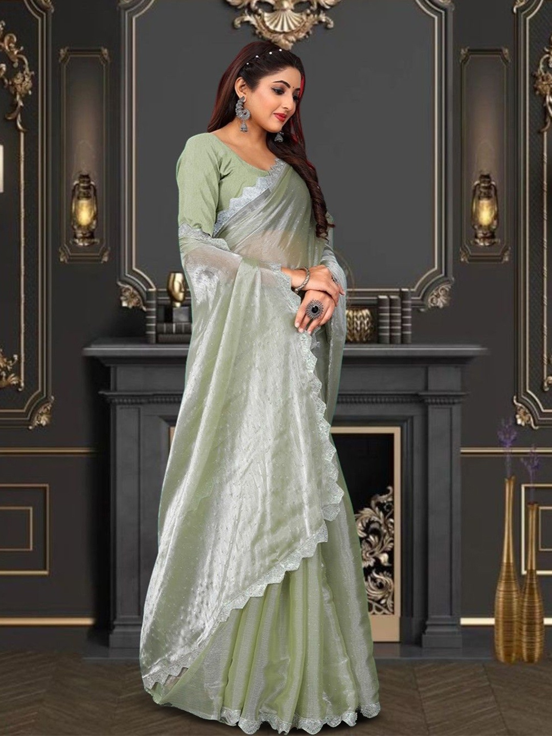 

Pionex Embellished Beads and Stones Organza Saree, Green