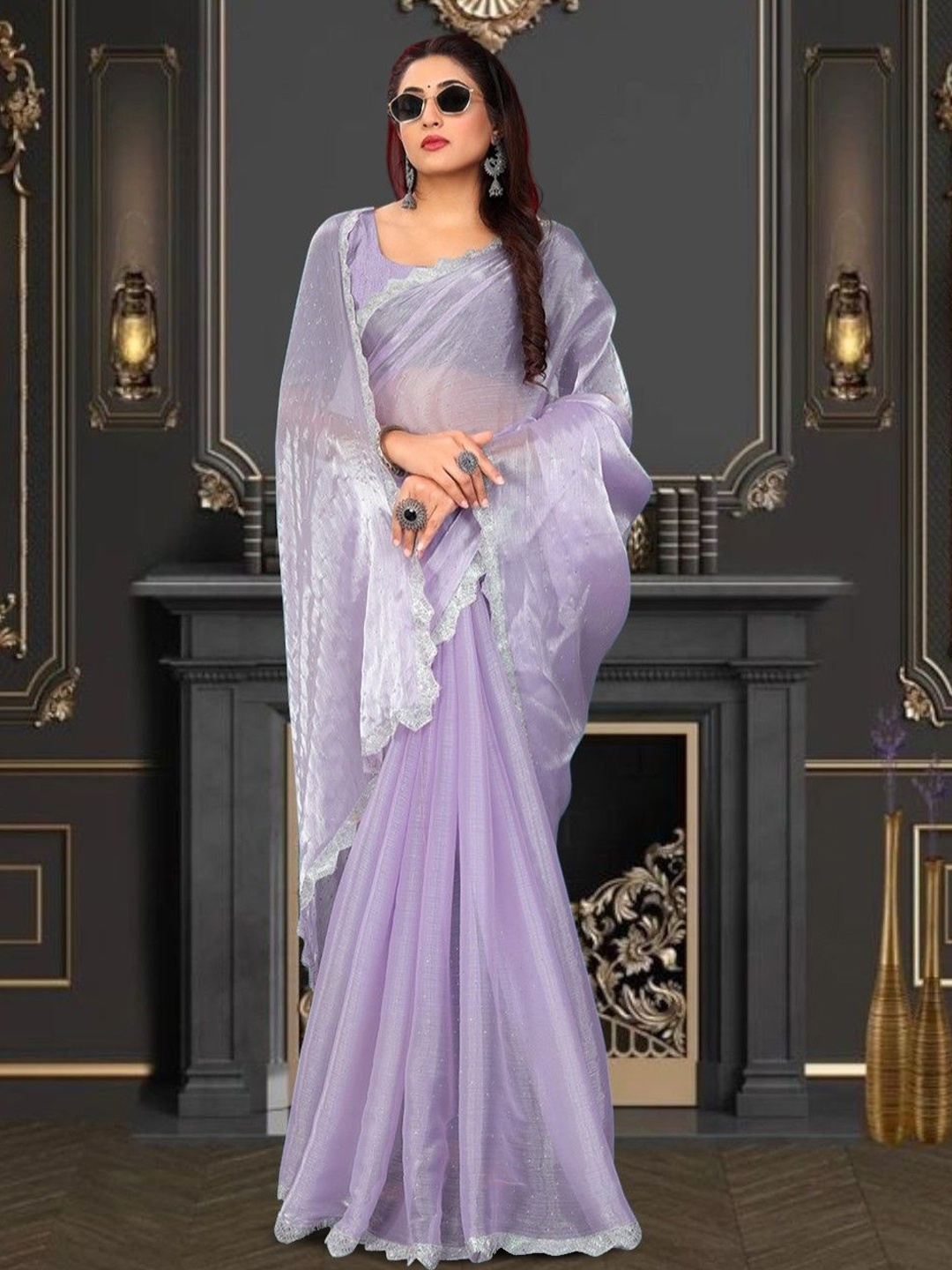 

Pionex Beads and Stones Organza Fusion Saree, Purple