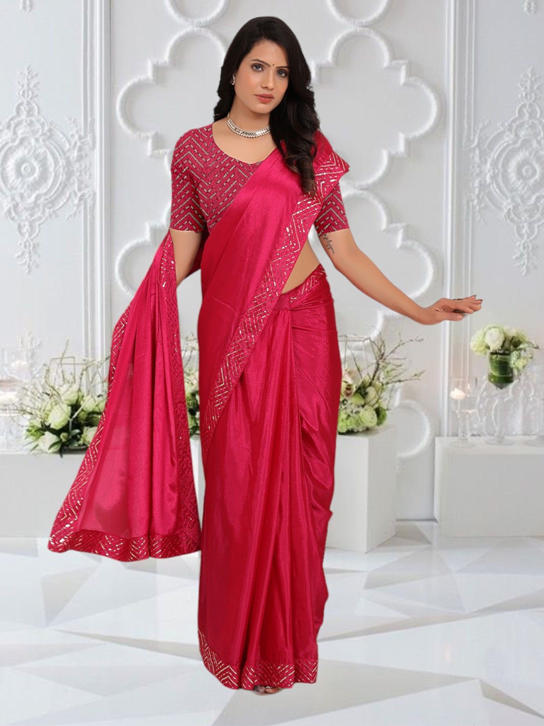 

Pionex Sequinned Pure Chiffon Ready to Wear Saree, Pink