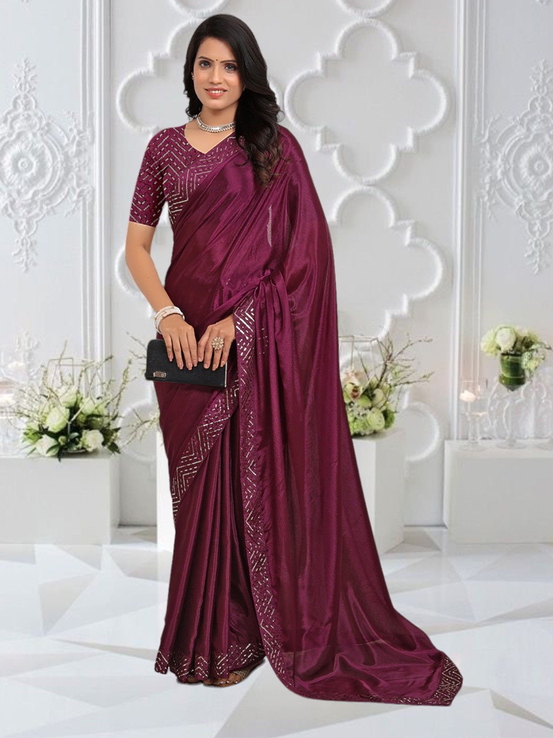 

Pionex Sequinned Pure Chiffon Ready to Wear Saree, Purple