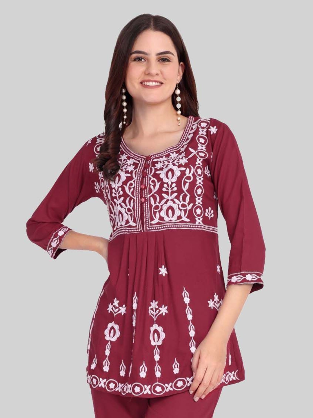 

FNOCKS Floral Embroidered Round Neck Organic Cotton A-Line Top, Maroon