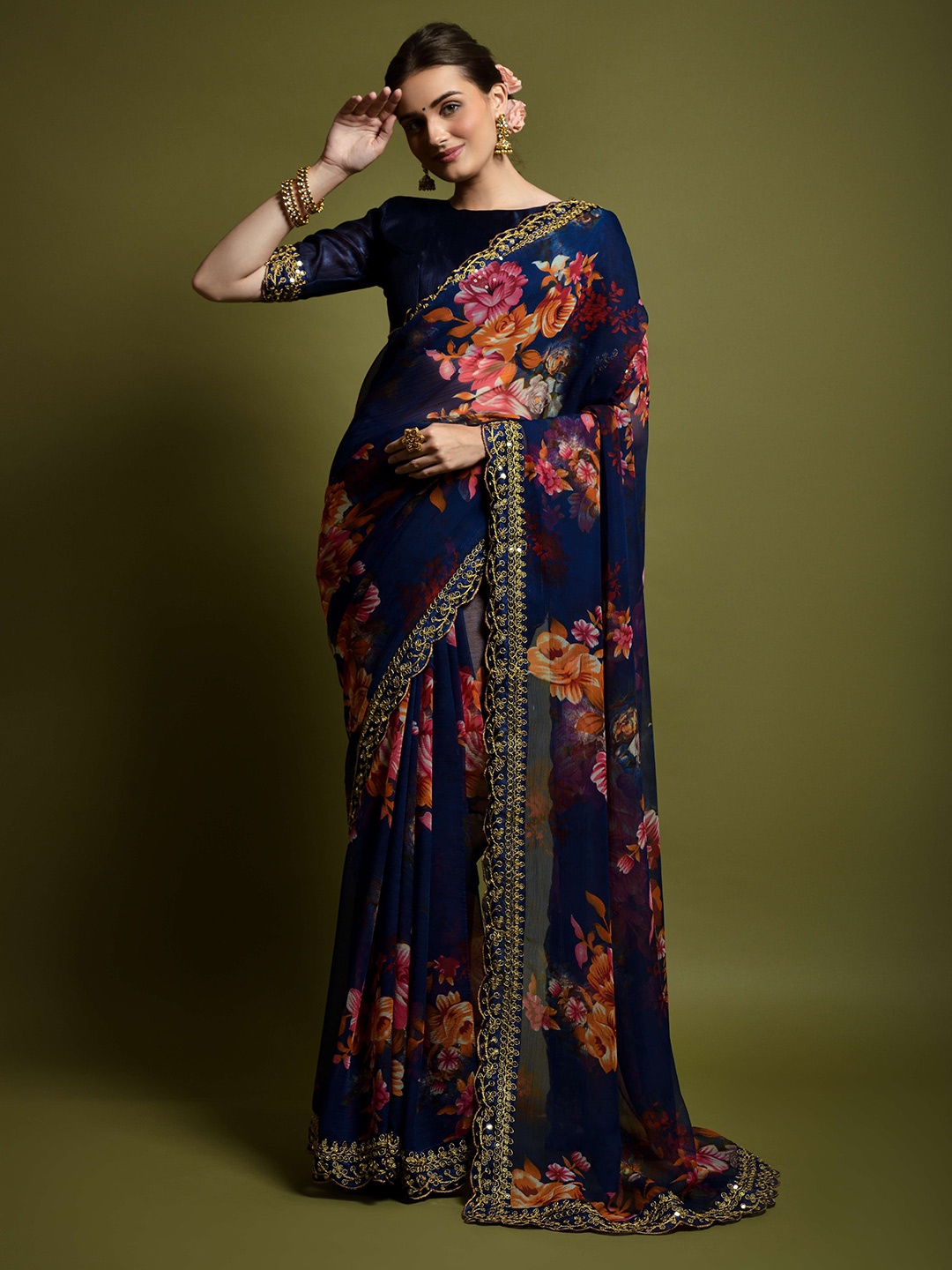 

CANIZZARO Floral Sequinned Pure Georgette Saree, Blue