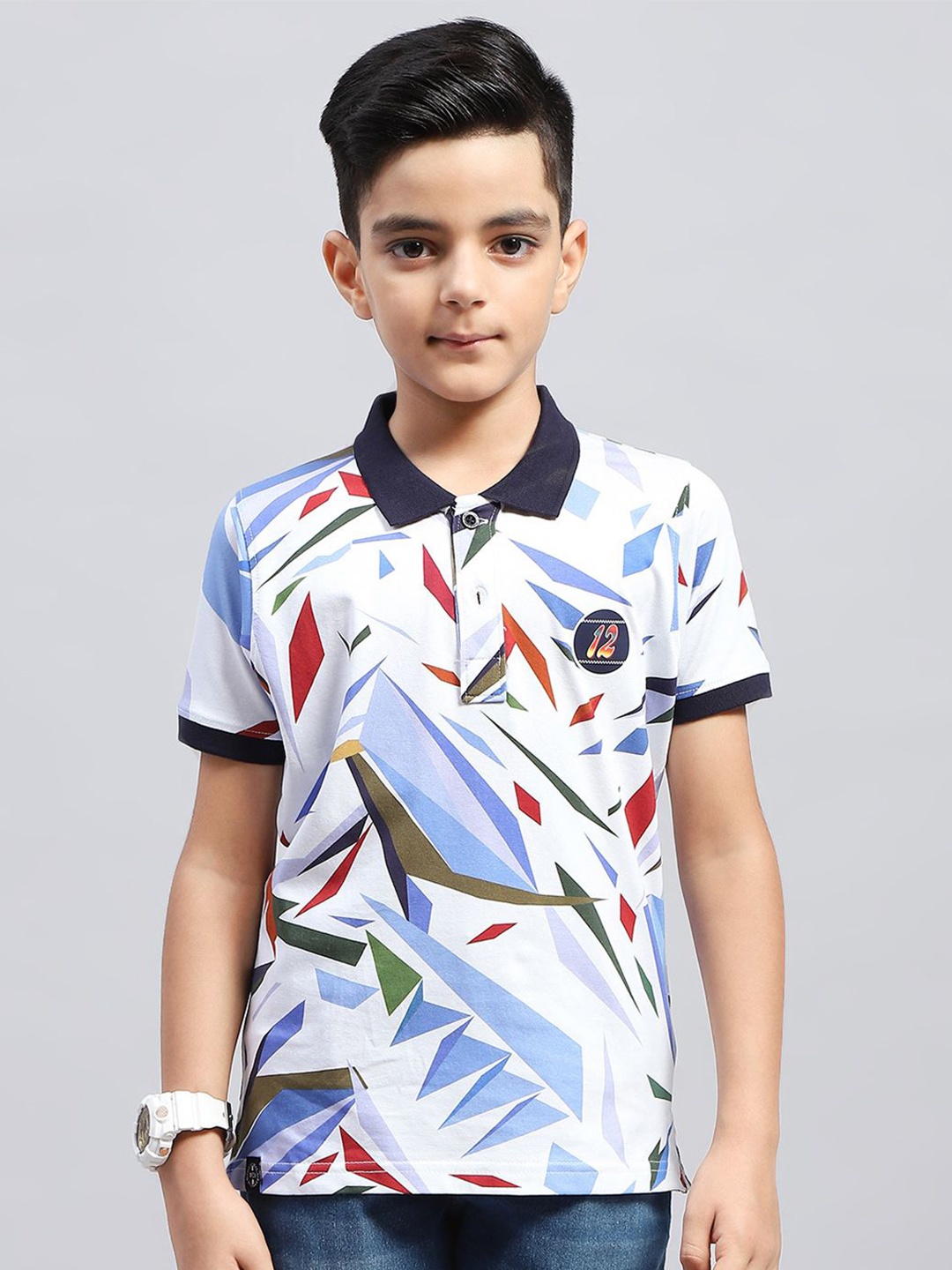 

Monte Carlo Boys Geometric Printed Polo Collar T-shirt, White