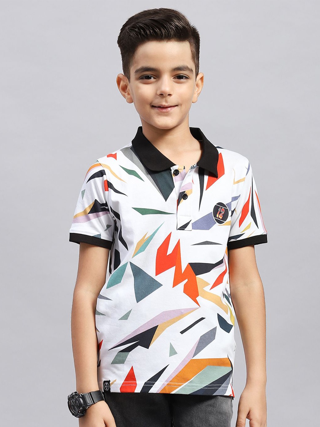 

Monte Carlo Boys Geometric Printed Polo Collar T-shirt, White