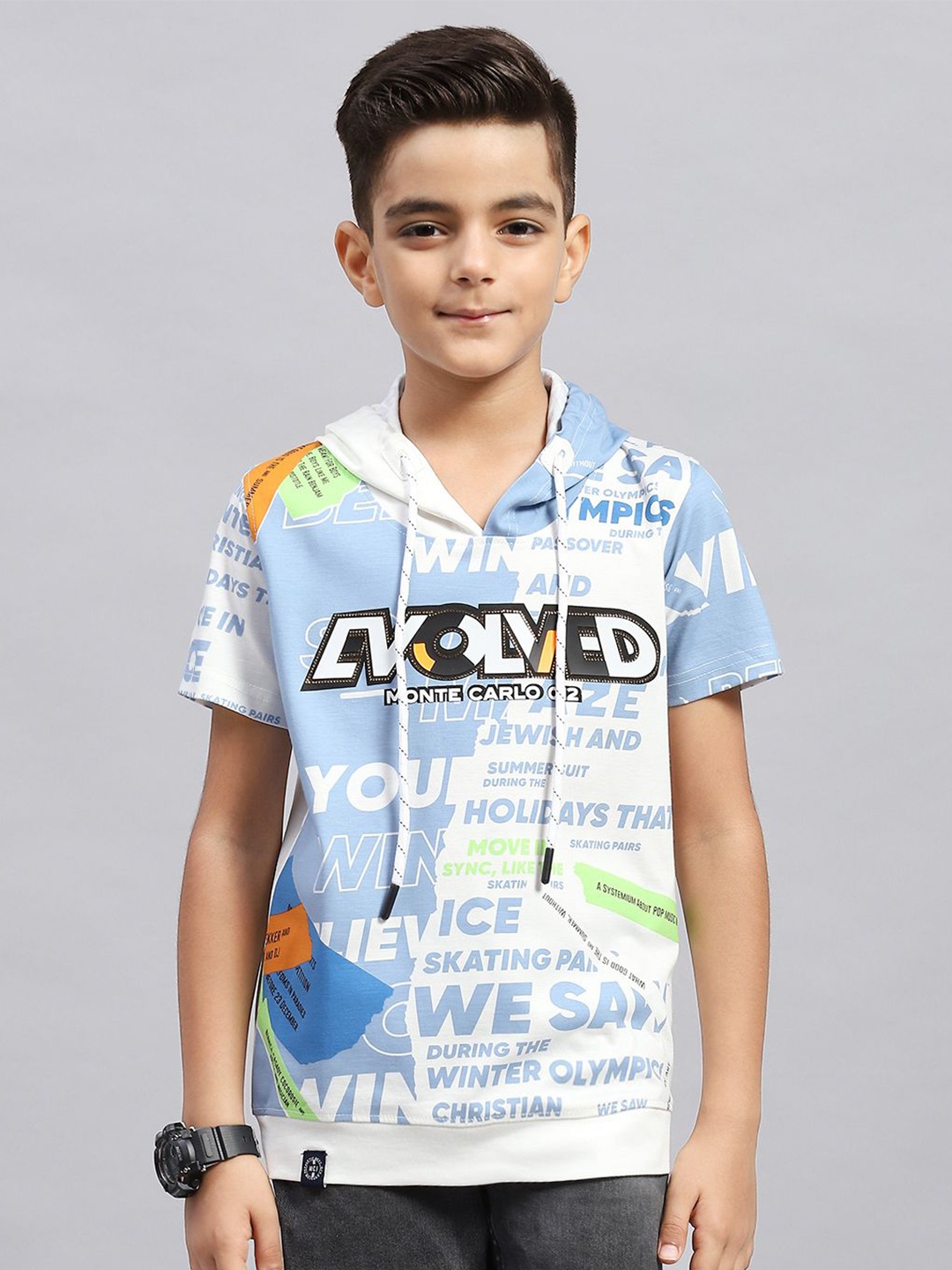 

Monte Carlo Boys Typography Printed Hooded T-shirt, Off white