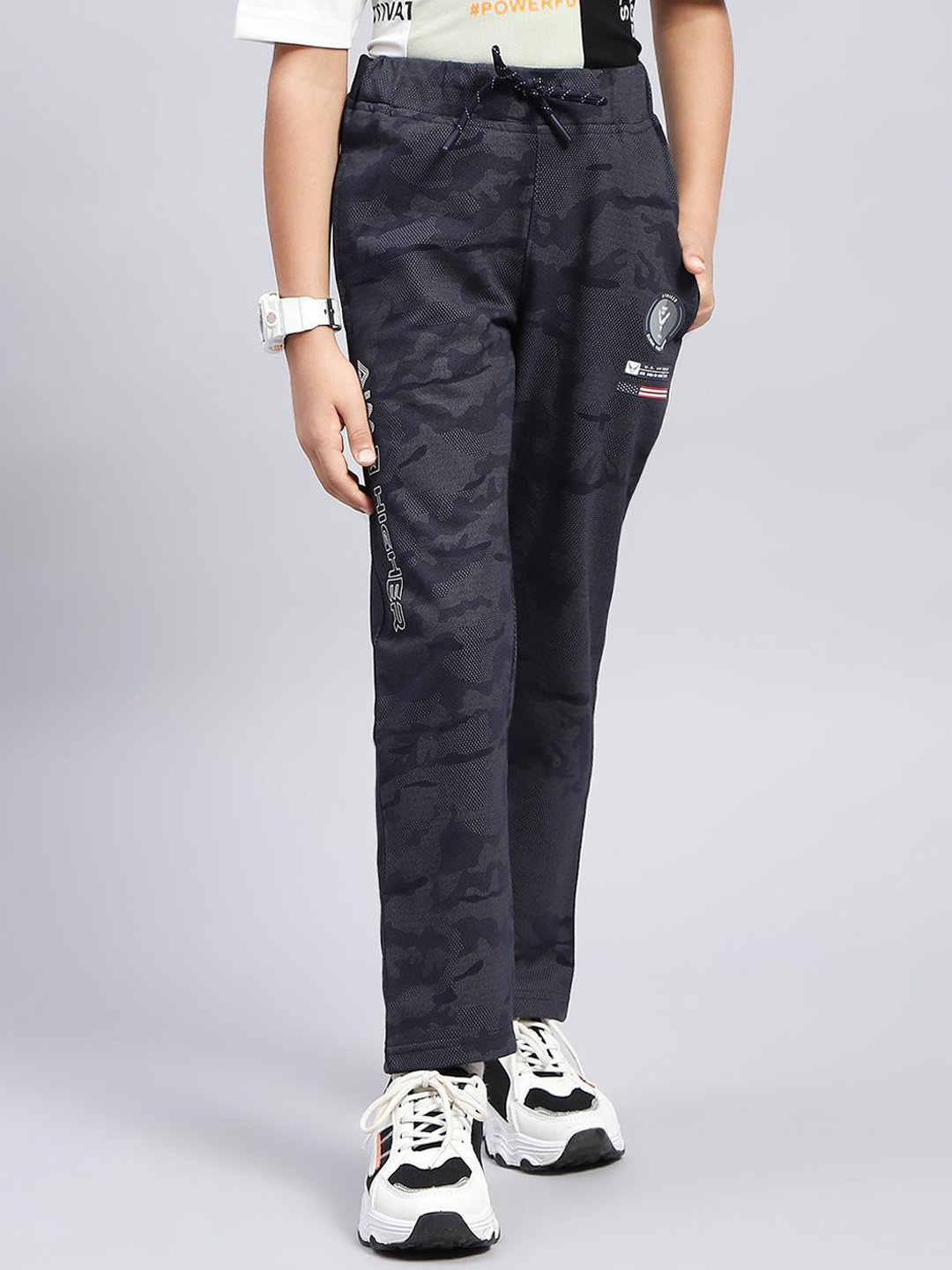 

Monte Carlo Boys Printed Mid Rise Track Pants, Navy blue