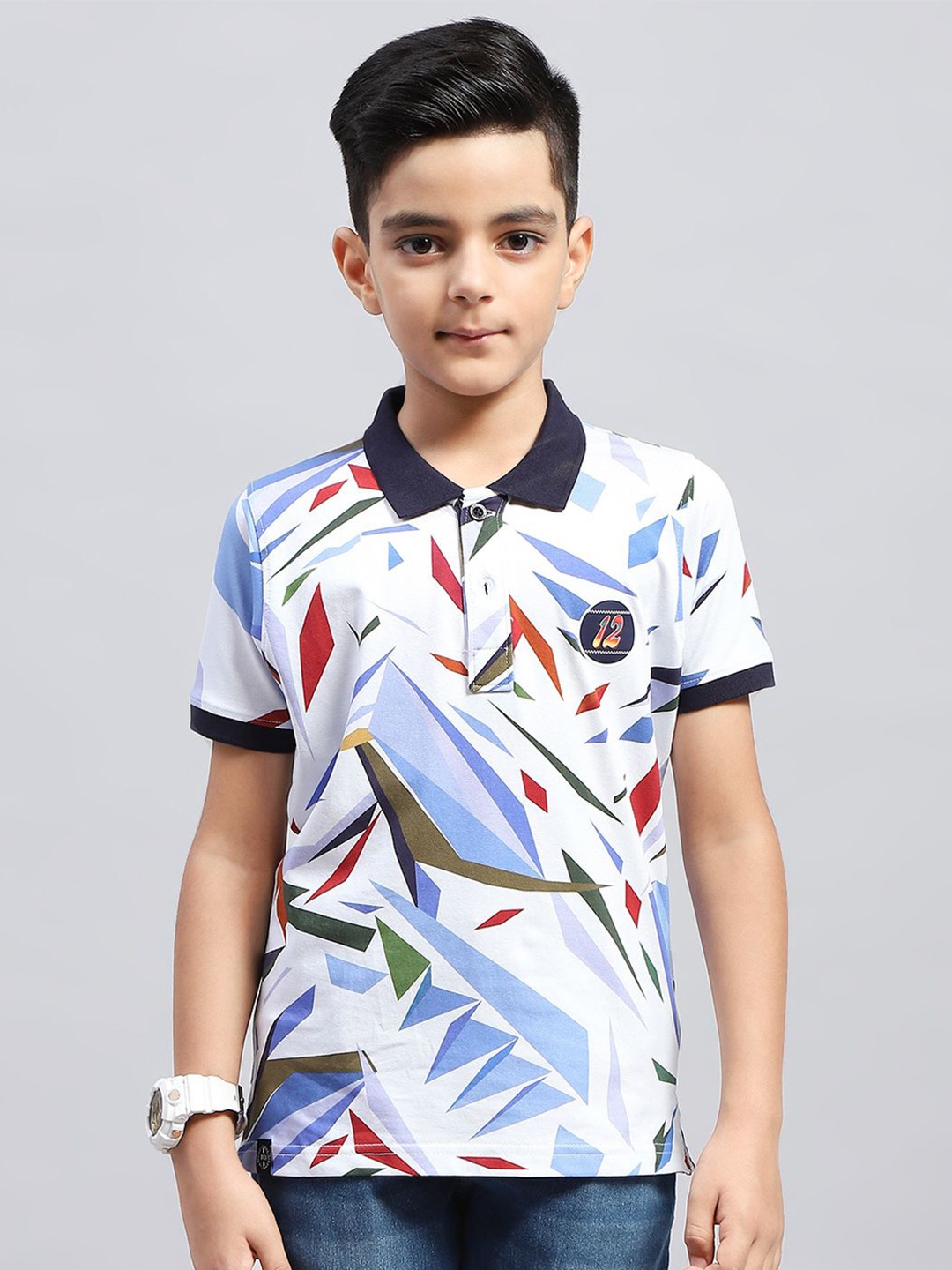 

Monte Carlo Boys Geometric Printed Polo Collar T-shirt, White