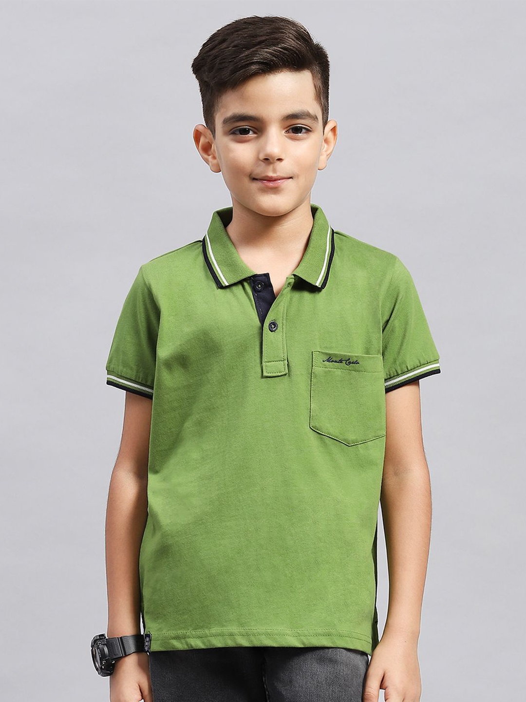 

Monte Carlo Boys Solid Polo Collar Pockets T-shirt, Green