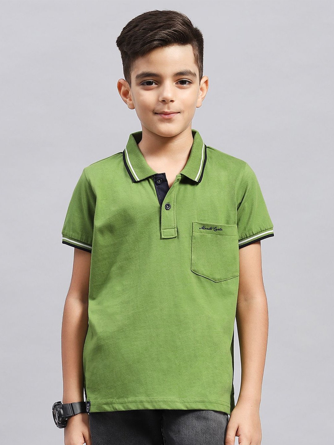 

Monte Carlo Boys Solid Polo Collar Pockets T-shirt, Green